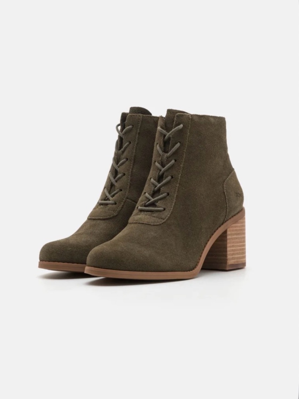 Tom’s Evelyn Women’s Lace-Up Block Heel Ankle Boots in Olive Suede